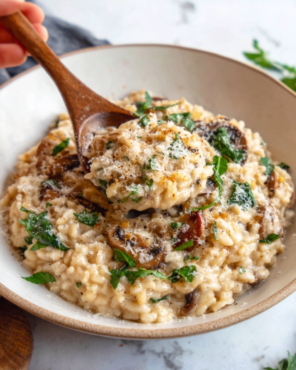 A close-up view of a dish in a white bowl on a white marbled surface, featuring a creamy mix of pasta and mushrooms coated in a light brown sauce with a layer of melted cheese on top. The cheese is slightly browned and bubbly, sprinkled with small green herb leaves for color. A wooden spoon is inserted into the creamy pasta mix, lifting some from the bowl. Photo taken with an iphone --ar 4:5 --v 7
