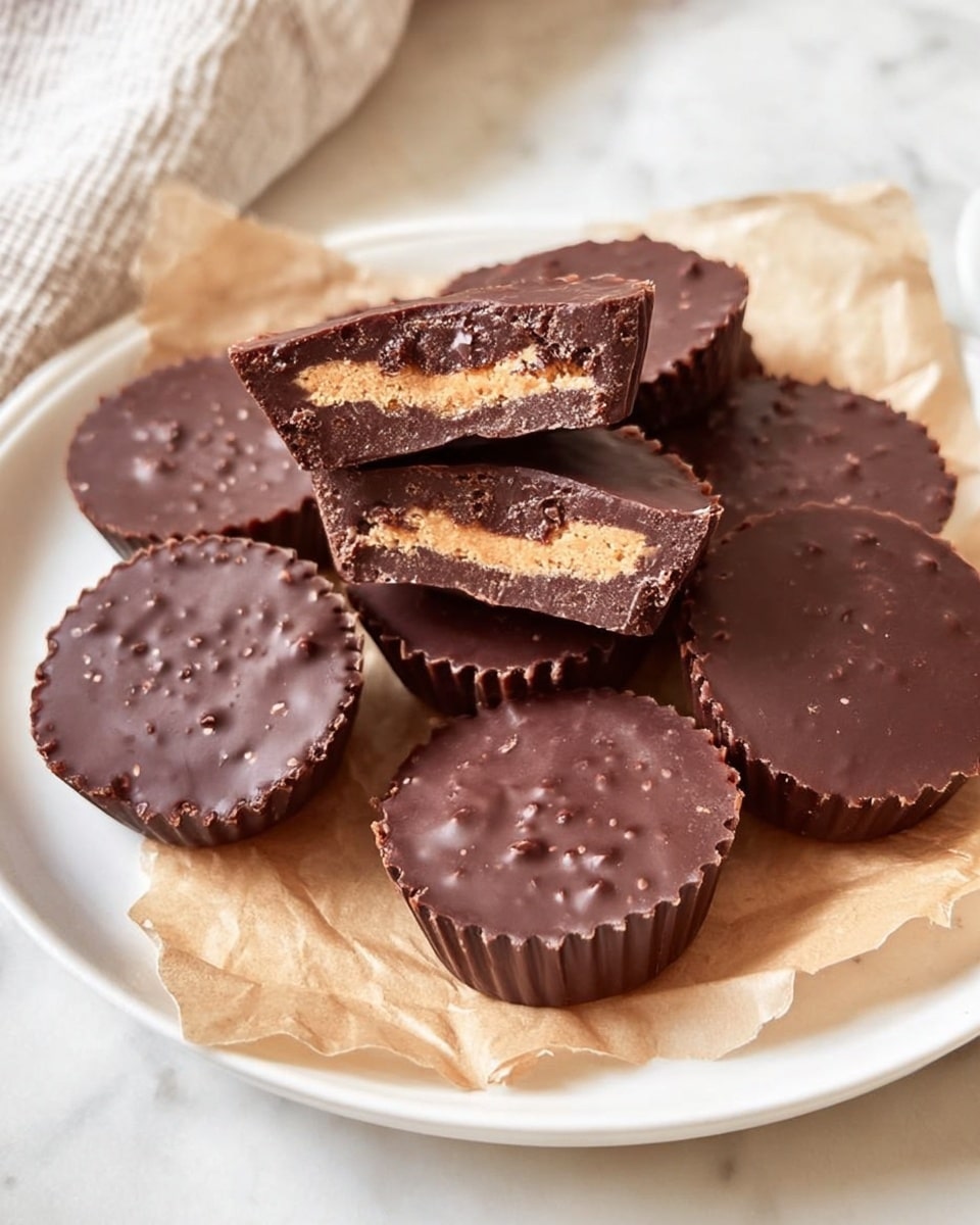 A white plate on a white marbled surface holds seven chocolate cups with a bumpy texture and ridged edges. Six of the cups are whole, dark brown, and glossy with small pieces visible on the surface, while the seventh is cut in half and balanced on top, showing three distinct layers: a dark chocolate outer shell with a smooth and rough mix, a light beige peanut butter center, and a thin chocolate layer separating them. The sweets rest on a crinkled piece of light brown parchment paper. photo taken with an iphone --ar 4:5 --v 7