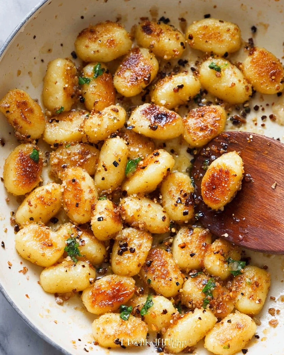 A close-up view of a pan filled with cooked gnocchi pieces that are golden brown and slightly crispy on the edges, mixed with small green herb bits and specks of black pepper evenly spread throughout. A wooden spoon is resting inside the pan among the gnocchi, lifting some pieces up. The gnocchi have a soft yet firm texture with a toasted, crunchy outside. The background is a white marbled surface. photo taken with an iphone --ar 4:5 --v 7