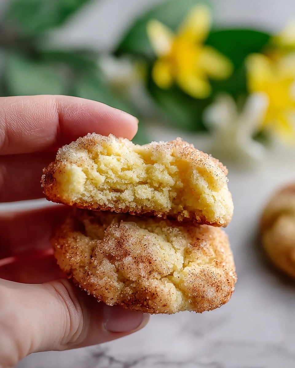 A close-up image shows a soft, crumbly cookie with a cracked surface, held by a woman's hand gently breaking it in half to reveal a fluffy and moist inside. The cookie is coated with a fine layer of sugar and cinnamon, giving it a slightly rough texture and golden-brown specks across its light yellow dough. Another whole cookie lies flat beneath it on a white marble surface, while blurred green leaves and yellow flowers add a soft, natural background. Photo taken with an iphone --ar 4:5 --v 7