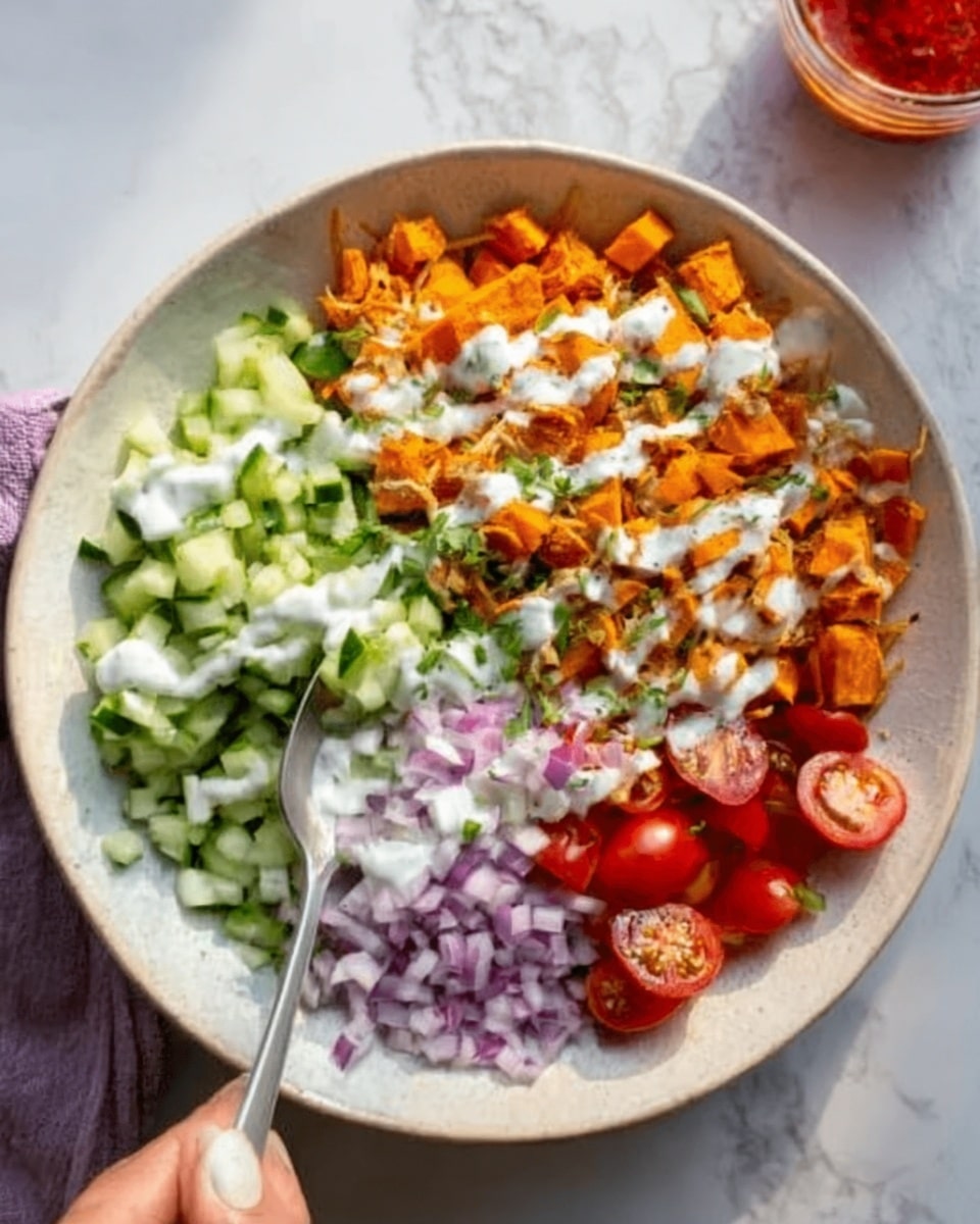 A white shallow bowl contains a colorful layered dish with several distinct parts. On one side, there is a bright orange layer that looks like mashed sweet potatoes topped with small pieces of nuts. Next to it is a section of chopped fresh cucumbers, light green and crunchy-looking. Following that is a vibrant red layer of sauce or paste, possibly beetroot or tomato-based. Then there is a helping of small white cubes, likely cheese, and some chopped red onions on top. A thick drizzle of white sauce covers the dish, and a woman's hand is holding a fork dipping into the layers. The bowl sits on a white marbled surface, and a glass with a red drink is partially visible in the background. Photo taken with an iphone --ar 4:5 --v 7