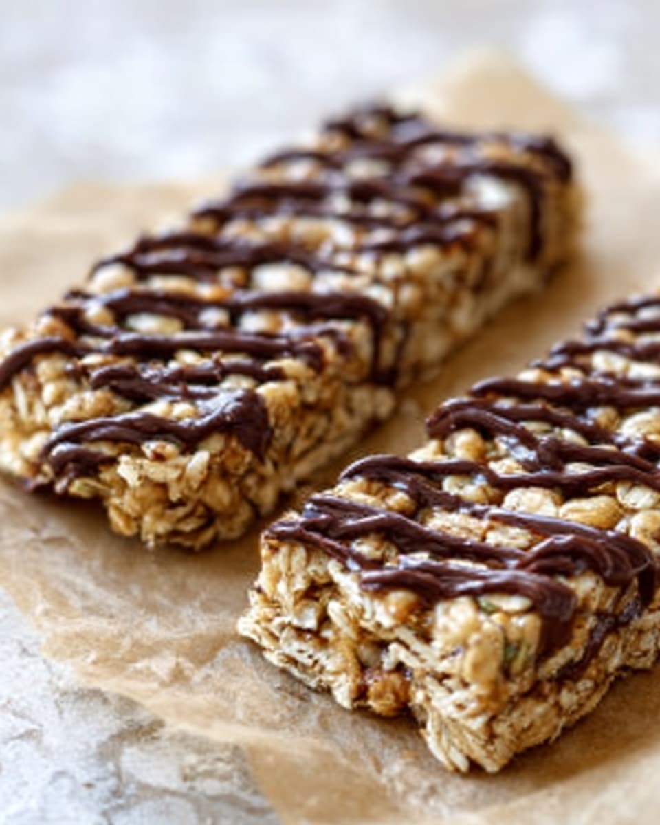 The image shows a close-up of a crispy rice treat bar on white parchment paper. The bar has one thick layer made of light golden, sticky rice cereal held together by a smooth, glossy marshmallow mix. Dark chocolate drizzle is spread unevenly but generously on top in thin and thick lines, adding contrast and shine. The background is softly blurred, focusing on the textured, crunchy surface of the bar, and a white marbled texture is faintly visible under the parchment paper. photo taken with an iphone --ar 4:5 --v 7