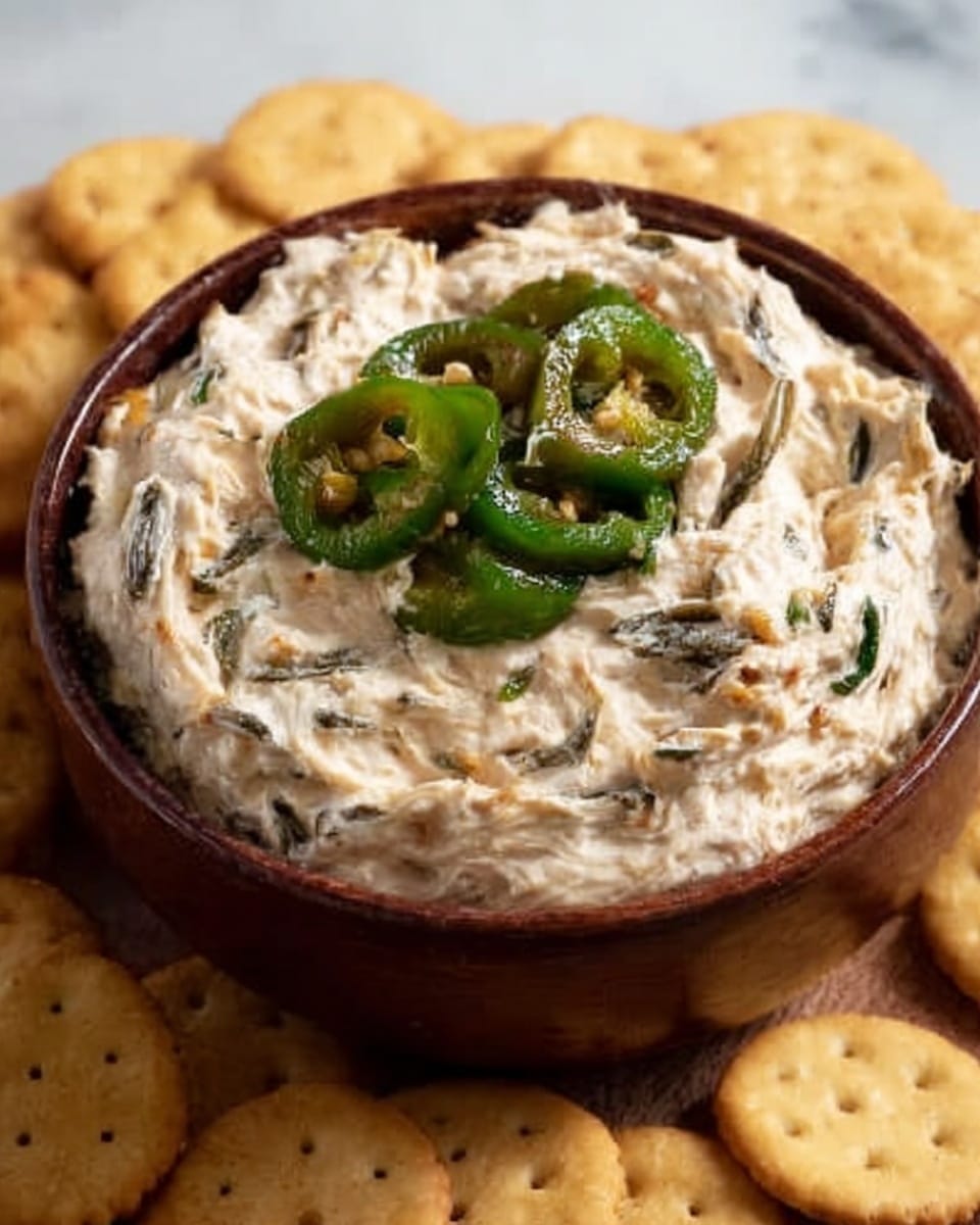 A white bowl filled with a creamy dip that is light beige with visible small green herb pieces mixed inside. On top, there are several green jalapeño slices with a shiny and slightly charred look, arranged in the center on the creamy surface. The bowl is on a white marbled surface, and round beige crackers are scattered nearby, some partially visible. Photo taken with an iphone --ar 4:5 --v 7