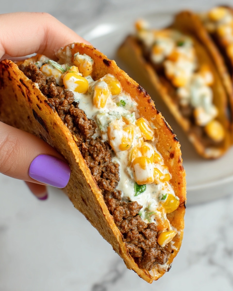 A close-up of a white soft taco being held by a woman's hand with bright purple nail polish, showing three visible layers inside: the bottom layer is a brown, grilled ground beef patty pressed flat, above it is a creamy white sauce mixed with small yellow corn pieces and green herbs, topped with diced orange and red roasted vegetables with a sprinkling of white crumbly cheese. In the background, two more identical tacos rest on a white marbled surface. The photo taken with an iphone --ar 4:5 --v 7