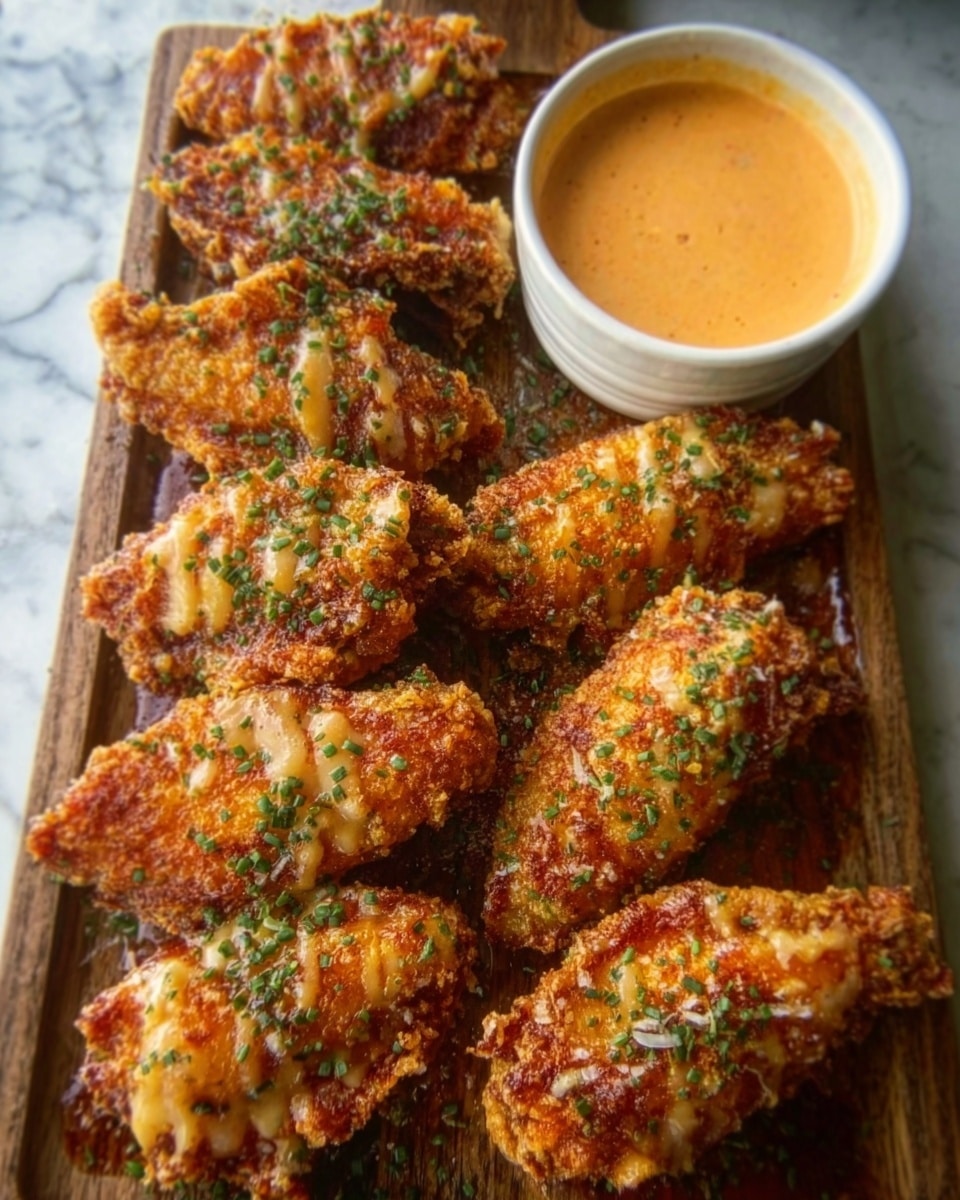 The image shows a wooden board with eight golden-brown, crispy fried chicken wings arranged neatly in two rows. Each wing is coated in a crunchy texture with visible herbs sprinkled on top for added color and flavor. A small white bowl filled with creamy orange dipping sauce sits at the top right corner of the board. The chicken wings' surface looks crunchy and slightly oily with a mix of light and dark brown shades. The background is a white marbled texture. Photo taken with an iphone --ar 4:5 --v 7