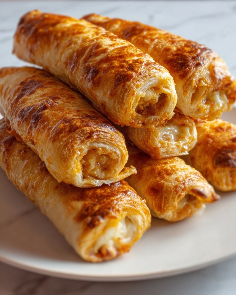 A stack of five rolled pastries is shown on a white plate, each pastry has a golden-brown crispy crust with a shiny, baked surface. The ends of the rolls are open, revealing a creamy orange filling inside, which appears slightly textured and soft. The plate is placed on a white marbled surface, and the lighting highlights the flaky layers of the pastry crust, making it look crunchy and freshly baked. photo taken with an iphone --ar 4:5 --v 7