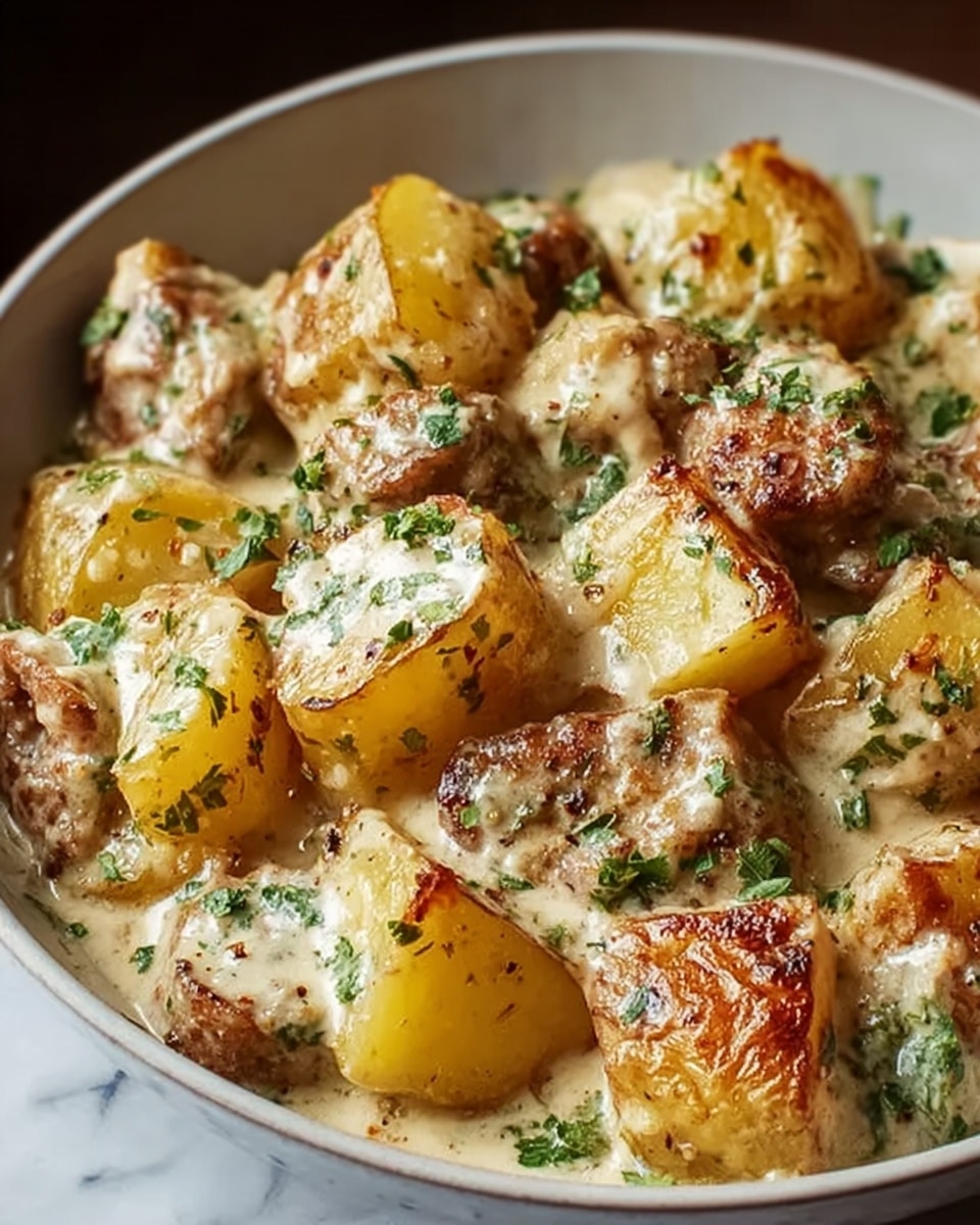 The image shows a close-up of a dish with several chunky pieces of golden-brown roasted potatoes mixed with browned sausage pieces, all layered in a light creamy sauce with specks of green herbs spread evenly across the surface. The potatoes have crispy edges and soft centers, while the sausage appears juicy with a slightly charred texture. The creamy sauce clings to all pieces, making the dish look rich and flavorful, served in a white bowl. The background is a white marbled texture. photo taken with an iphone --ar 4:5 --v 7