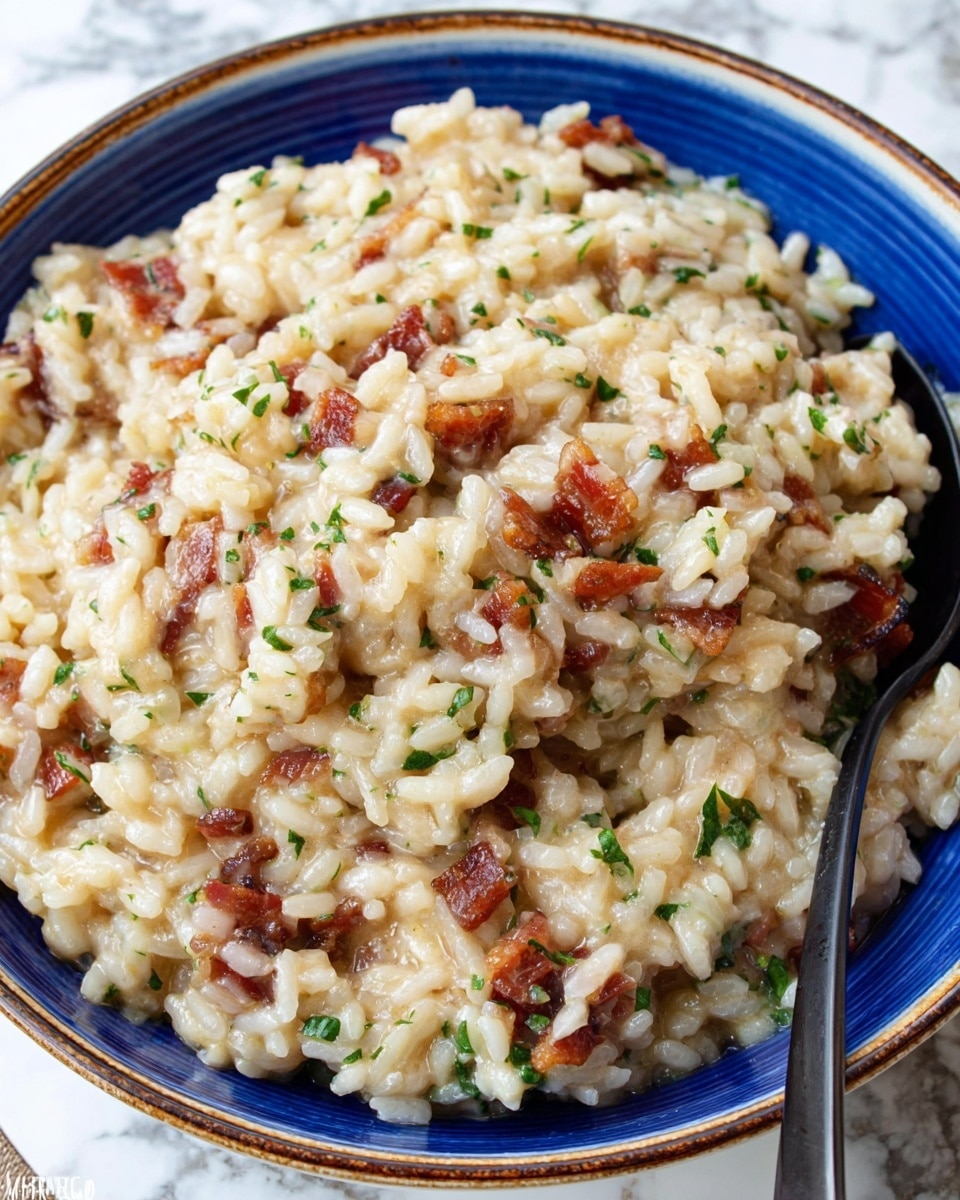 A close-up image of creamy risotto served in a white bowl with a blue interior rim. The risotto has plump, shiny grains of rice mixed with small pieces of crispy, browned bacon scattered evenly throughout. There are also bits of finely chopped green herbs giving a touch of color and freshness. The texture looks creamy and rich, with a slightly glossy finish that shows the sauce coating each grain. A shiny silver spoon is partially visible on the right side of the bowl, resting in the risotto. The dish is set on a white marbled surface. photo taken with an iphone --ar 4:5 --v 7