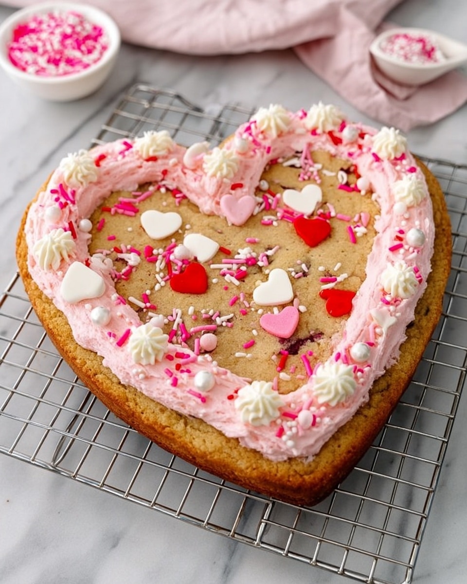 A heart-shaped cookie cake with a thick golden-brown base. The top layer is decorated with a border of soft pink frosting piped around the edge in fluffy dollops. Scattered inside the heart are small heart-shaped sprinkles in red, white, and pink, along with thin pink and white sprinkles. The cake sits on a metal cooling rack over a white marbled surface, with a white bowl of pink sprinkles nearby. photo taken with an iphone --ar 4:5 --v 7