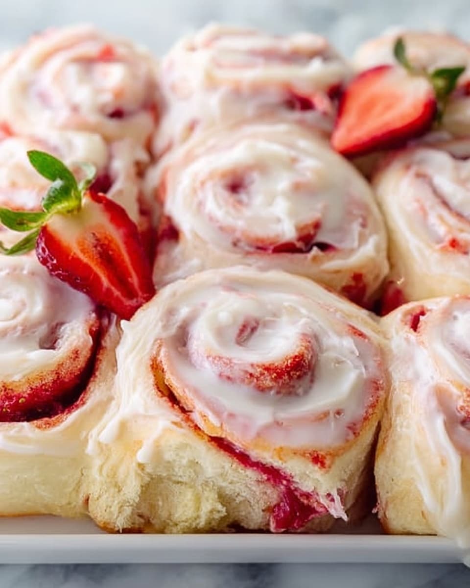The image shows seven square cinnamon rolls arranged closely on a white marbled surface. Each roll has a thick, creamy frosting layer that swirls smoothly over the entire surface and crevices, with a light pink tint caused by a strawberry filling swirled in the dough layer underneath. One cinnamon roll on the bottom right corner is decorated with a small fresh strawberry slice and a green leaf on top, adding a bright color contrast. The dough layer beneath the frosting is soft and slightly golden, visible in the swirls. photo taken with an iphone --ar 4:5 --v 7