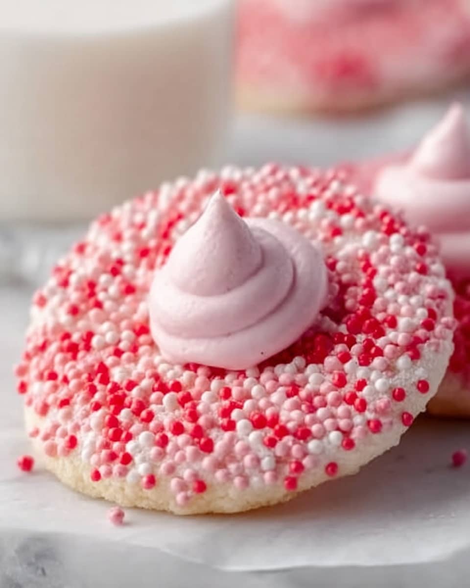 The image shows a close-up of two round cookies on a white marbled surface. Each cookie has two layers: the bottom is a pale beige soft cookie base, and the top is a thick ring of white icing covered in red and white small round sprinkles. On top of each cookie is a thin, light pink dollop of meringue, shaped like a small peak with a smooth texture. The background is softly out of focus, with a white glass cup filled with milk visible behind the cookies. photo taken with an iphone --ar 4:5 --v 7