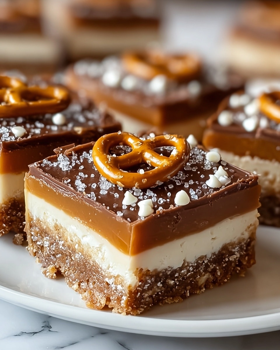 A close-up of a three-layer square dessert on a white plate with a white marbled texture background. The bottom layer is a crumbly light brown crust, the middle layer is a thick, smooth brown caramel-like filling with a creamy white layer sitting unevenly on it, topped again by a similar crumbly light brown layer. The top layer is a glossy, rich caramel brown with coarse salt crystals sprinkled over it and small white chocolate chips scattered around. A small shiny pretzel with big salt bits sits on top as decoration. photo taken with an iphone --ar 4:5 --v 7