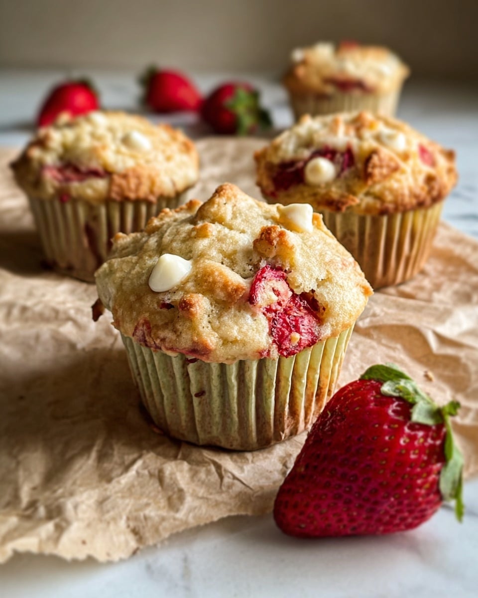 The image shows three strawberry muffins placed on crumpled light brown paper over a white marbled surface. Each muffin is golden-brown with visible chunks of red strawberry and white chocolate chips baked into the top and sides. The muffin liners are a pale, muted green color. In the foreground, a fresh red strawberry with its green leafy top is placed on the paper near the muffins, adding a pop of color. The overall look is warm and natural, with soft lighting highlighting the texture of the muffins and strawberries. Photo taken with an iphone --ar 4:5 --v 7