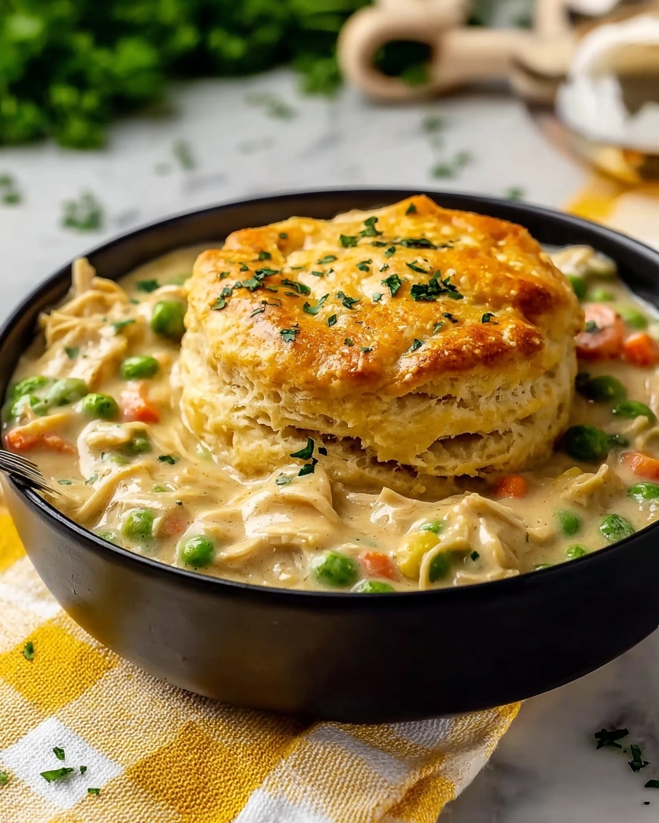 A deep black bowl holds a single thick biscuit with a golden brown top sprinkled with chopped green herbs at the center. The biscuit has multiple flaky layers, showing a light, fluffy texture. Surrounding the biscuit is a creamy white sauce filled with shredded white chicken, bright green peas, and small orange carrot cubes, all mixed in a smooth gravy. The bowl sits on a folded yellow and white checkered cloth over a white marbled surface, with a blurred pepper shaker and some green herbs in the background. photo taken with an iphone --ar 4:5 --v 7