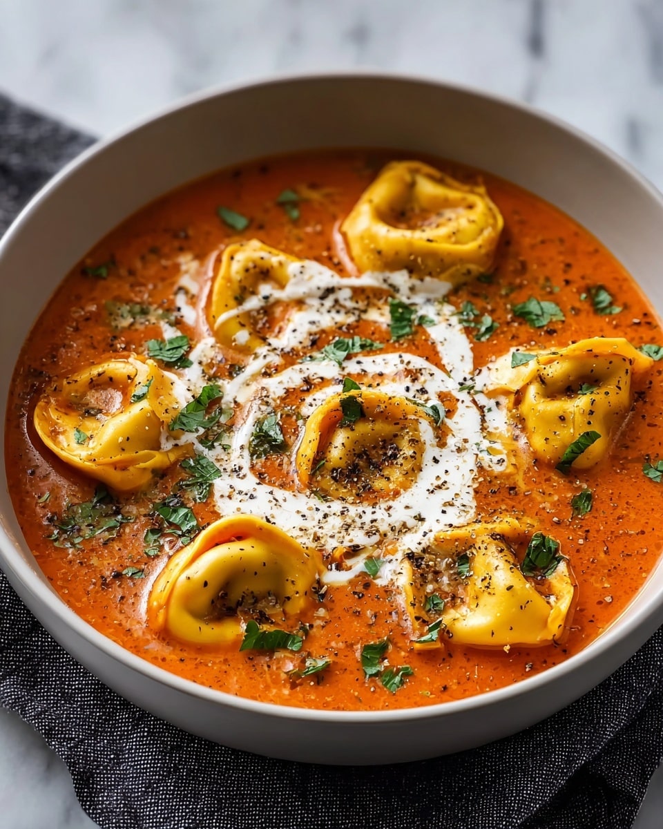 A white bowl filled with bright orange creamy tomato soup as the base layer, topped with seven yellow tortellini pasta pieces arranged evenly around the center. A swirl of white cream is spread in the middle atop the soup, garnished with freshly chopped green basil leaves and sprinkled with cracked black pepper. The bowl is set on a dark textured cloth over a white marbled surface. photo taken with an iphone --ar 4:5 --v 7