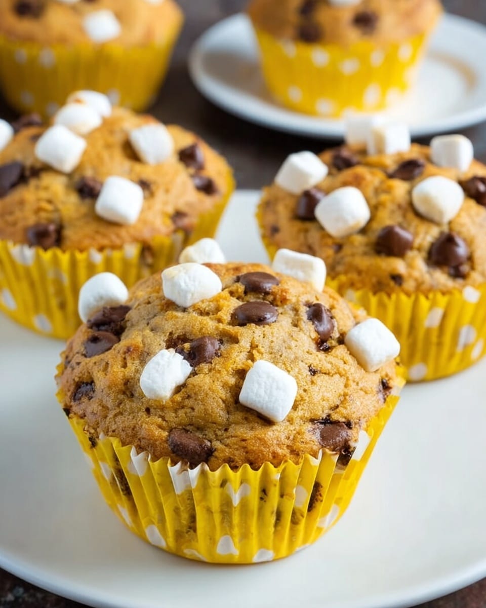 The image shows several muffins on a white plate placed on a white marbled surface. Each muffin is baked in a bright yellow paper liner with white patterns, filled with a light brown dough that is slightly cracked on top. The muffins are topped with small melted white marshmallows and dark brown chocolate chips scattered evenly across the surface. The background shows more muffins slightly blurred, creating a depth effect. photo taken with an iphone --ar 4:5 --v 7