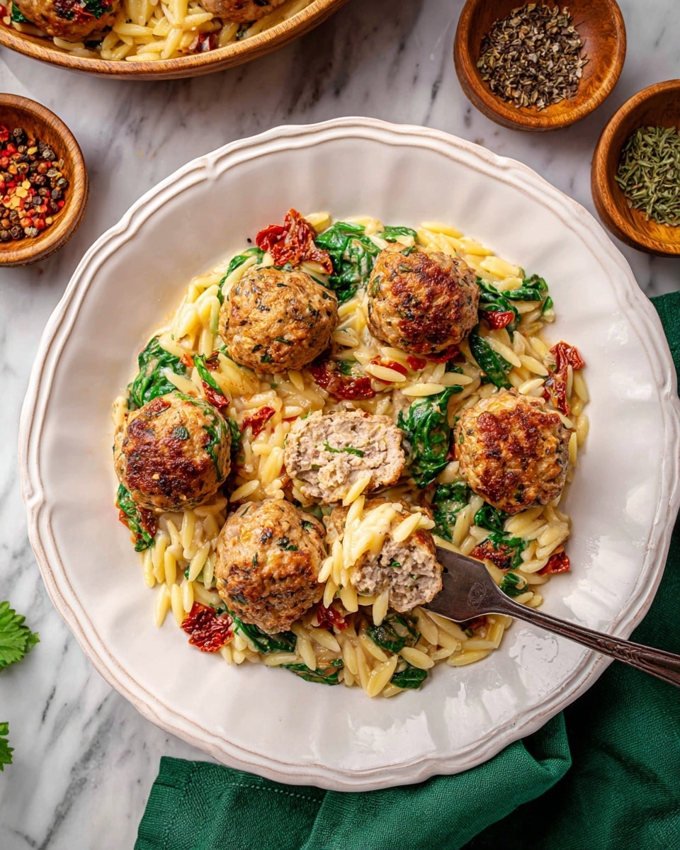 A white scalloped plate holds a creamy orzo pasta dish mixed with bright green spinach leaves and small pieces of reddish sun-dried tomatoes. On top, six browned meatballs are placed evenly around the plate; one meatball is cut in half to show a textured grayish interior. A metal fork rests on the plate, holding one meatball with orzo on it. The plate is set on a white marbled surface with a green cloth napkin partially visible under it. Nearby, small wooden bowls contain mixed peppercorns and dried herbs. Photo taken with an iphone --ar 4:5 --v 7