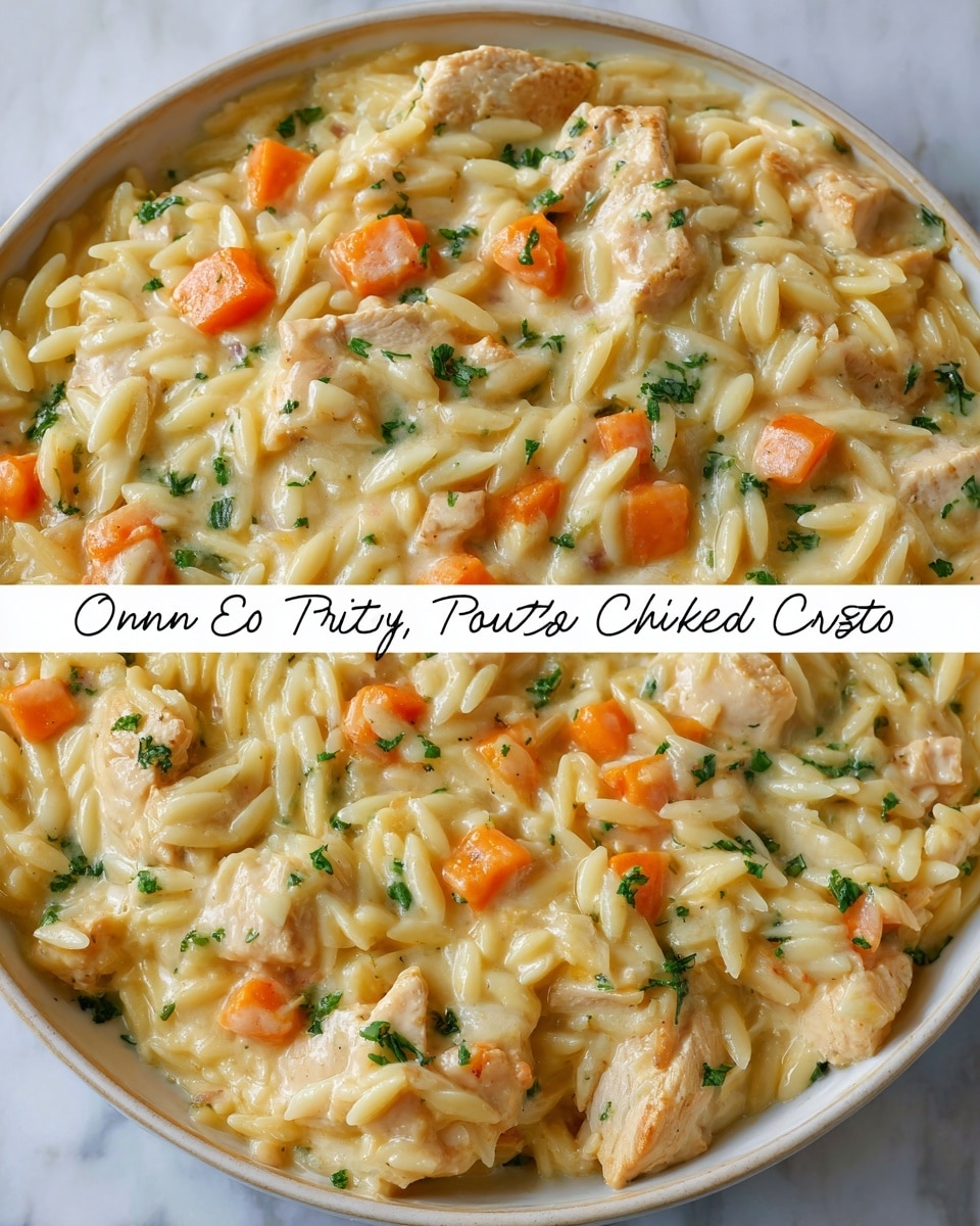 A close-up image shows a creamy chicken and orzo dish served in a white bowl. The dish has tender cream-colored orzo pasta mixed with small pieces of golden-brown cooked chicken, and bright orange diced carrots. Fresh green herbs are sprinkled throughout, adding spots of color and freshness. The texture of the creamy sauce is smooth and coats the orzo and chicken evenly. In the top portion of the image, a woman's hand holds a spoon lifting a generous bite of the dish, showing the layers clearly: orzo, chicken, carrots, and herbs mixed well in creamy sauce, all against a white marbled background. photo taken with an iphone --ar 4:5 --v 7