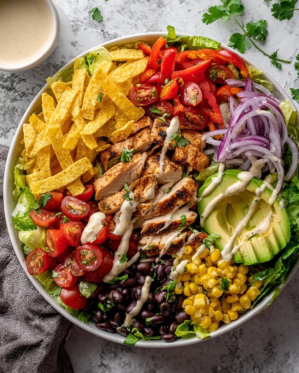 A white bowl filled with a colorful layered salad sits on a white marbled texture. On the bottom, there is fresh green lettuce spread evenly. On top, there are distinct sections arranged in a clockwise pattern: crispy yellow tortilla strips with a slightly rough texture in the top left, bright red sliced bell peppers and cherry tomato halves next to them, thin rings of purple-red onion in the top right, sliced avocado with a creamy texture placed beside the onions, and more halved cherry tomatoes below the avocado. Below the tomato section, there are shiny black beans and golden roasted corn kernels each in their own groups. In the center, there are sliced grilled chicken pieces with a charred, browned surface and juicy texture. Raw chopped cilantro leaves are sprinkled lightly over the dish. A creamy sauce is drizzled across the chicken and some other layers. In the top left corner next to the bowl, a small white bowl with dressing can be partially seen. The photo taken with an iphone --ar 4:5 --v 7