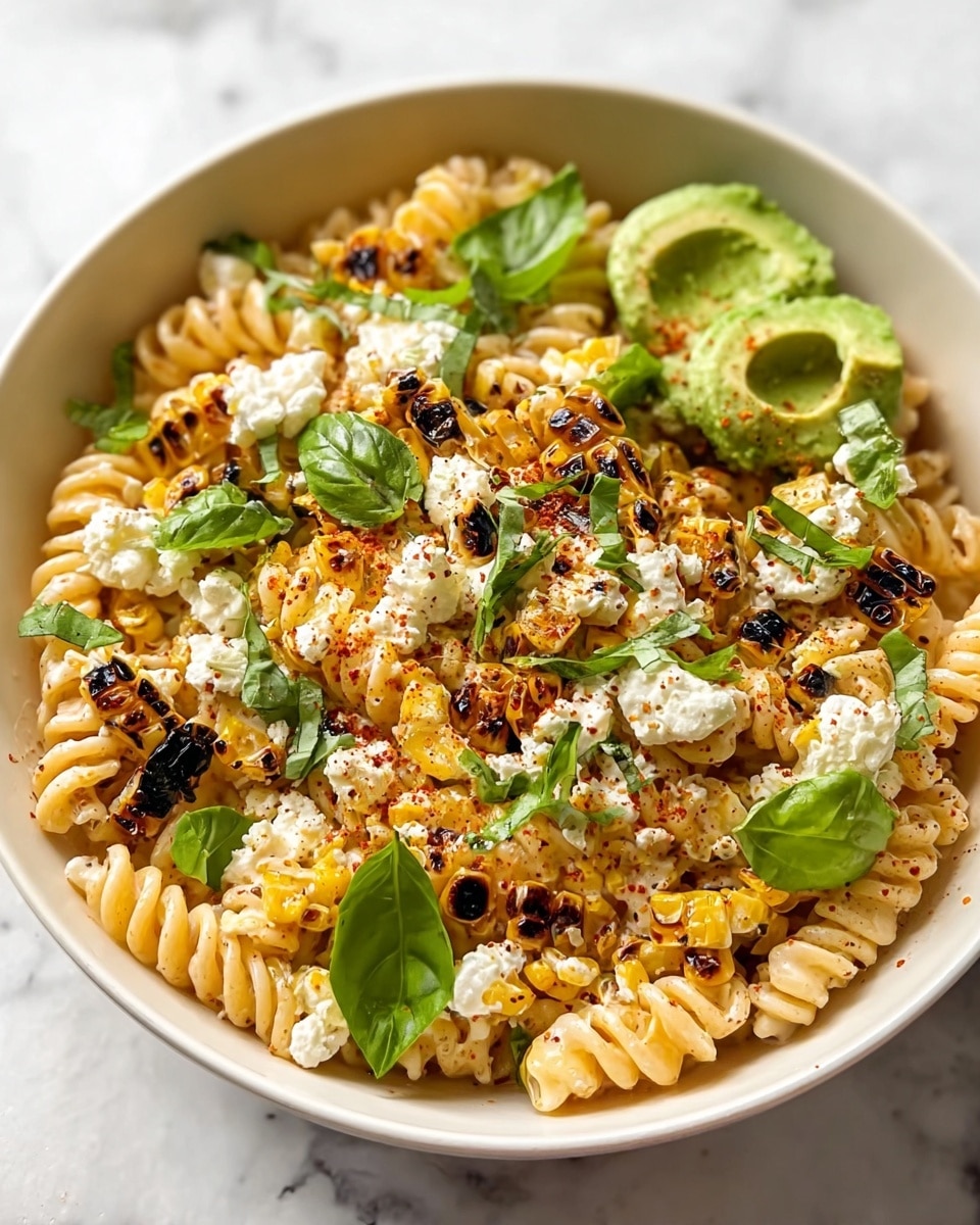 A white speckled bowl holds a pasta dish with three main layers visible: at the bottom, pale cream-colored ridged pasta spirals fill the bowl; next, scattered over the pasta, bright yellow grilled corn kernels with dark brown char marks add a smoky look; on top, white crumbled cheese is sprinkled unevenly, mixed with fresh green basil leaves and a few slices of light green avocado. A light dusting of reddish seasoning is spread over the cheese and vegetables, adding contrast. The bowl sits on a white marbled surface, with some basil leaves and lime slices around it. photo taken with an iphone --ar 4:5 --v 7