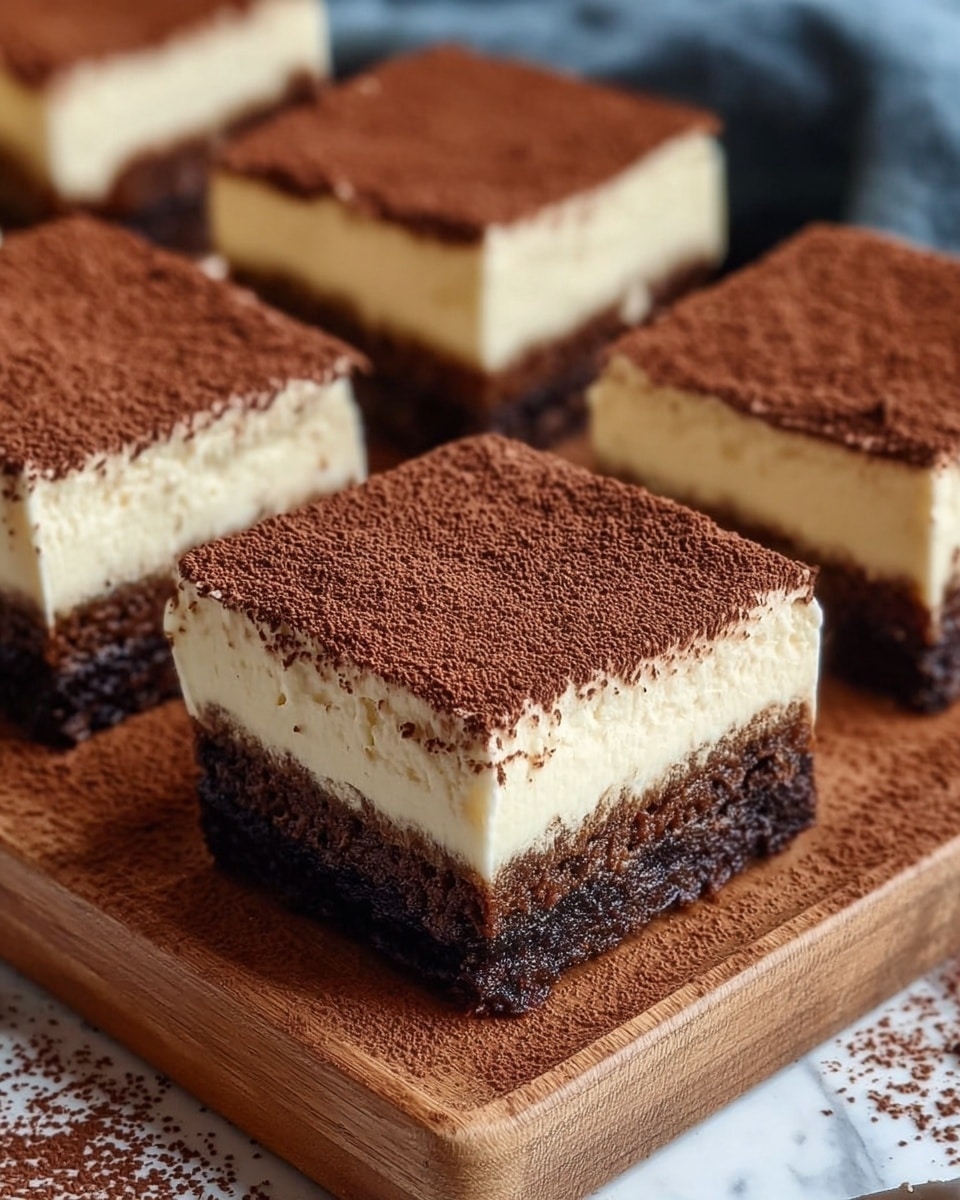 The image shows six square slices of a layered dessert placed closely together on a wooden board. Each slice has two thick layers: the bottom layer is a dark brown, moist-looking chocolate cake, and the top layer is a thick, creamy off-white mousse or frosting. The top surface of the mousse has a fine dusting of dark brown cocoa powder, creating a smooth, velvety texture. The wooden board beneath the slices also has cocoa powder scattered around the desserts, adding a rustic touch. The background is a white marbled surface. Photo taken with an iphone --ar 4:5 --v 7