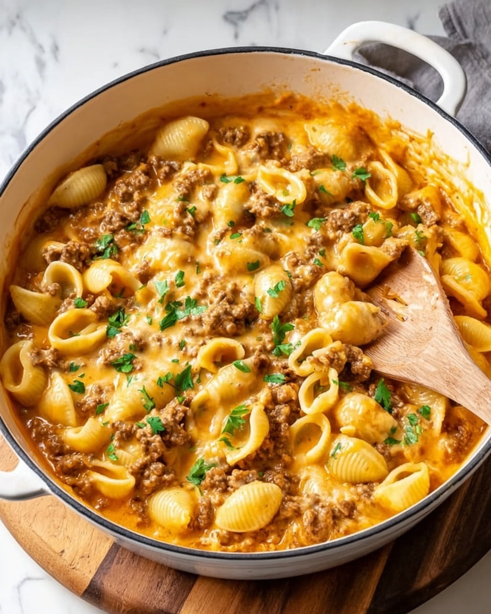 A large white cast-iron pot filled with a creamy orange cheese sauce mixed with cooked ground beef and shell pasta. The pasta shells are pale yellow, some coated with sauce and bits of beef scattered evenly on top. Fresh green parsley pieces are sprinkled over the dish, adding a touch of color. A wooden spoon is partly submerged on the right side, stirring the mixture. The pot sits on a round wooden board, and the background is a white marbled surface. Photo taken with an iphone --ar 4:5 --v 7