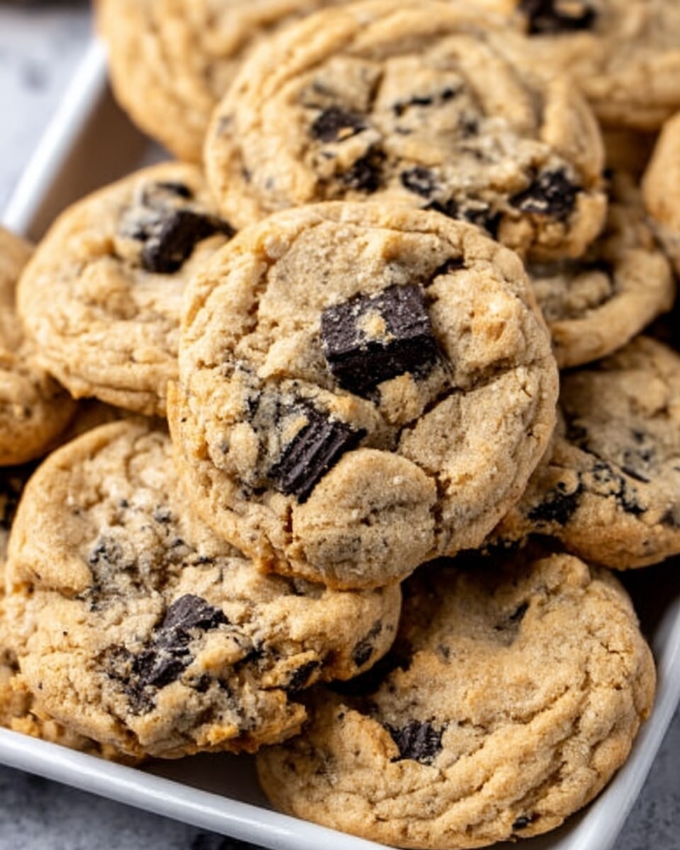This image shows a close-up view of several cookies stacked together in a white tray. Each cookie has a golden brown color with a rough, slightly cracked texture and visible dark chunks of what looks like chocolate or another dark ingredient mixed inside. The cookies have a thick, soft appearance with small ridges and crumbly edges. The background features a white marbled surface, adding a clean and simple look to the scene. photo taken with an iphone --ar 4:5 --v 7
