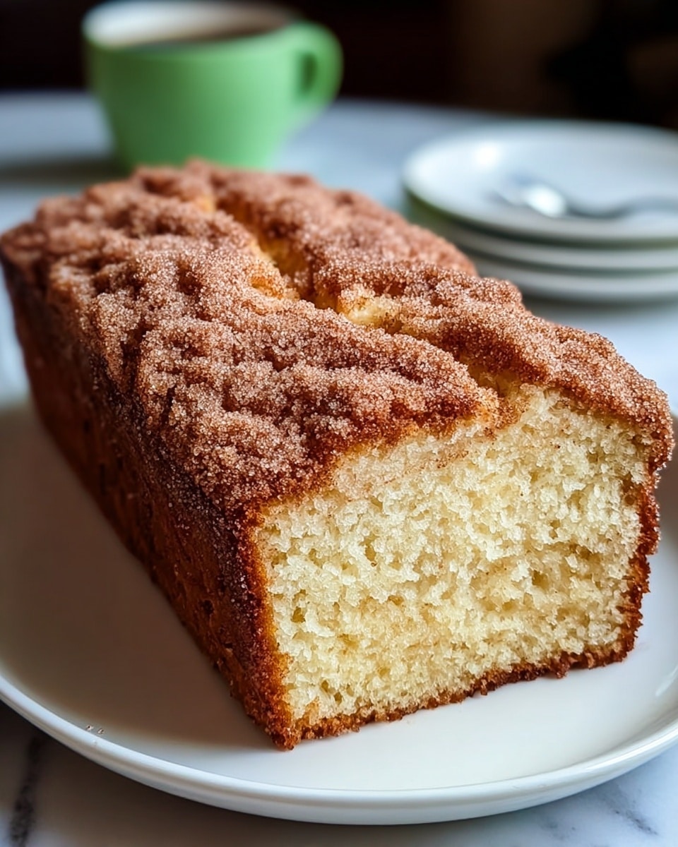 A rectangular loaf cake sits on a white plate, showing a soft, light yellow crumb with a moist texture inside. The top of the cake is richly covered with a thick layer of coarse sugar mixed with cinnamon, giving it a grainy and slightly crusty look in warm brown shades. The sides and bottom have a darker, golden-brown crust, contrasting with the pale interior. In the background, there is a blurred green cup and another white plate on a white marbled surface. photo taken with an iphone --ar 4:5 --v 7