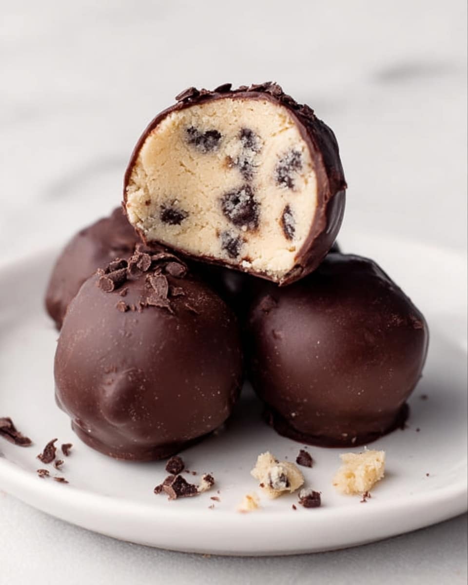 A white plate holds five round chocolate-covered treats stacked on top of each other, with the top one bitten to show the inside. The outer layer is smooth, dark brown chocolate, while the inside reveals a creamy beige filling with small dark chocolate chips scattered throughout. The plate sits on a white marbled surface. photo taken with an iphone --ar 4:5 --v 7