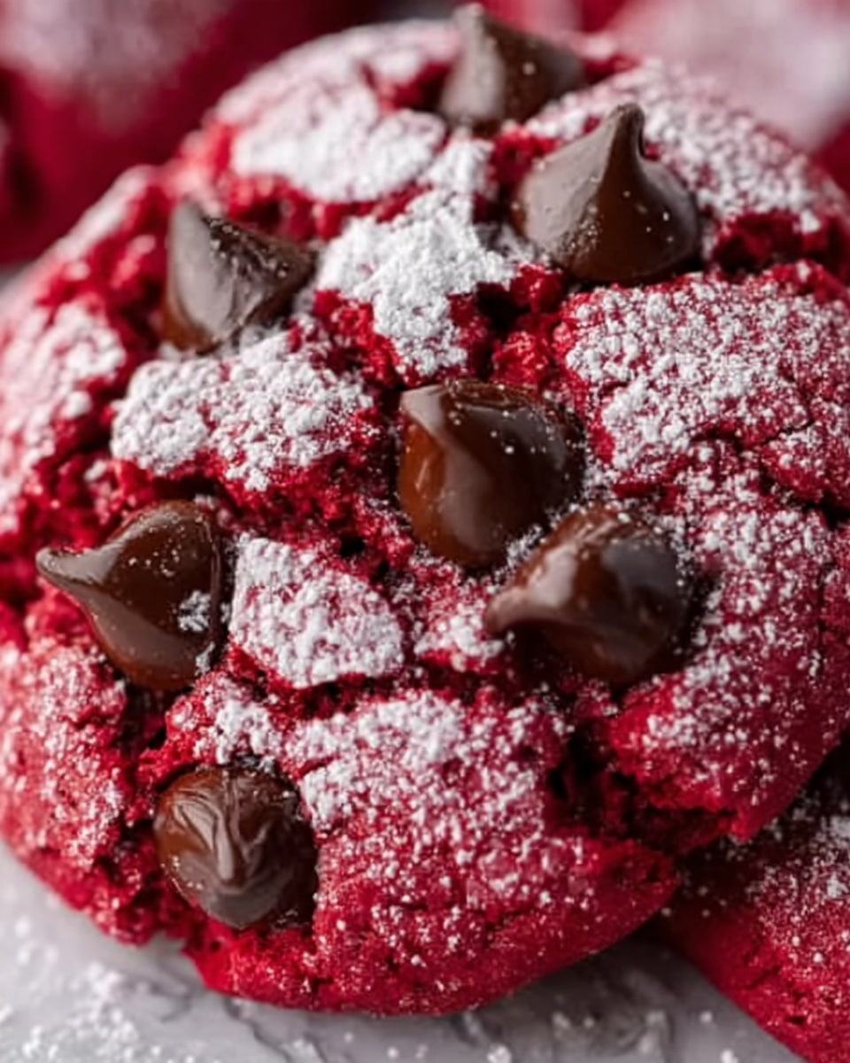 A close-up view of a richly textured chocolate chip cookie with a vibrant deep red base layer. The cookie surface is cracked, showing the soft, moist inside, dusted with a fine layer of white powdered sugar. Scattered on top are thick, glossy dark chocolate chips that appear melted in spots, adding shine and a rich contrast to the red. The photo focuses tightly on the cookie's texture and colors. Photo taken with an iphone --ar 4:5 --v 7