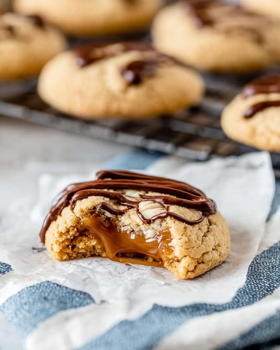 A close-up image of a single peanut butter cookie with a bite taken out shows three layers: a light brown outer layer with a crumbly texture, a creamy peanut butter middle layer showing a smooth texture, and a darker brown chocolate drizzle on top in thick diagonal lines. The cookie rests on a white piece of parchment paper on top of a blue and white striped cloth, with a white marbled surface underneath. In the background, a wire cooling rack holds more similar cookies, blurring softly out of focus. photo taken with an iphone --ar 4:5 --v 7