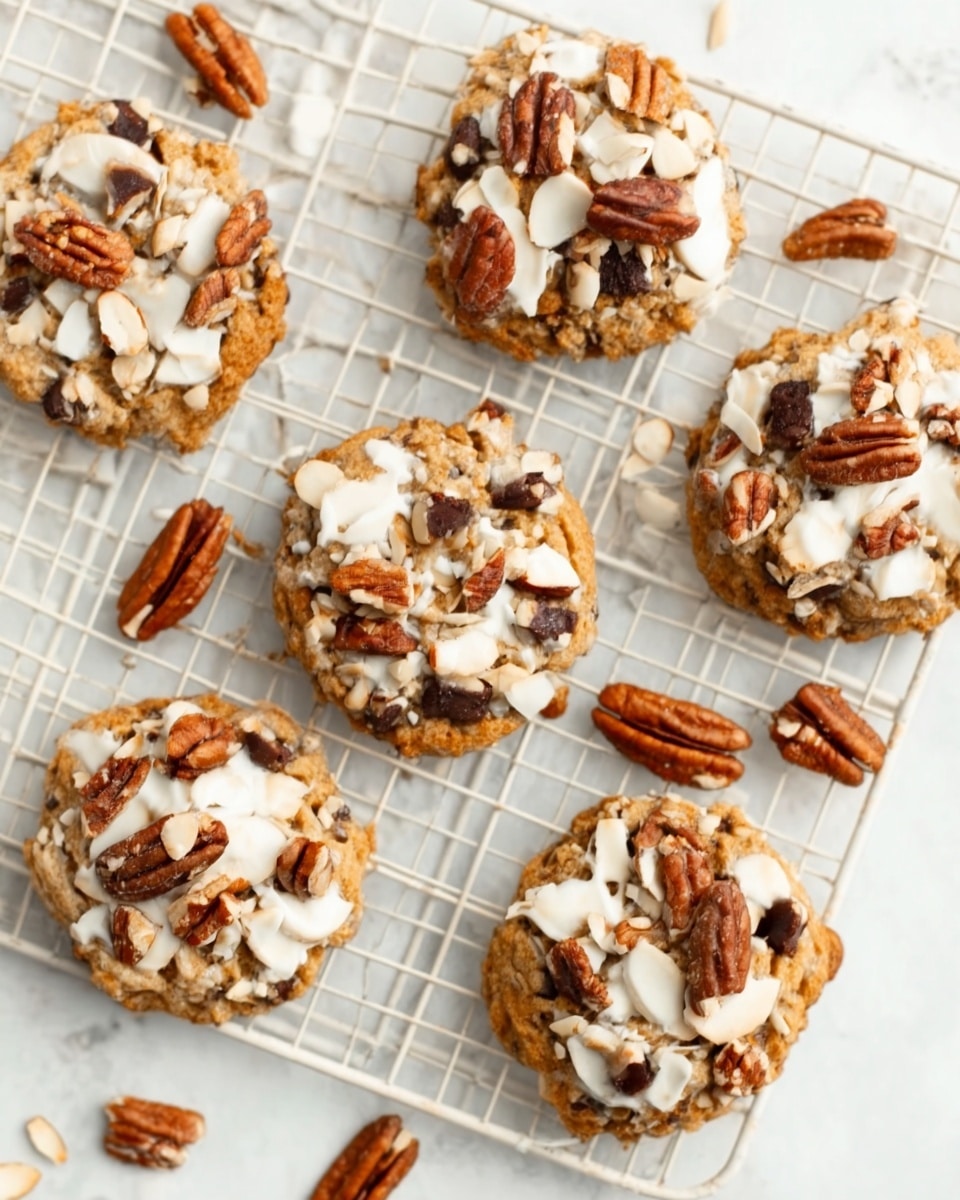 The image shows a white tray holding six round cookies with a rough texture. Each cookie has a light golden base and is covered with scattered pieces of nuts and white almond slices, giving a crunchy and layered look. The nuts include darker pecans and lighter almonds that contrast with the dough. The tray rests on a white marbled surface, enhancing the natural colors of the cookies. photo taken with an iphone --ar 4:5 --v 7