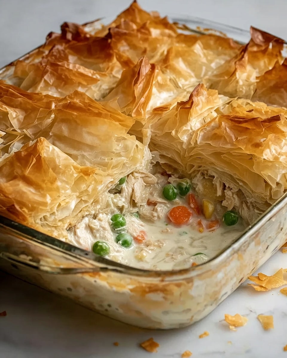 A clear glass baking dish contains a golden-brown baked pie with a flaky, crispy top layer of pastry that is puffed and slightly cracked. The pie has been cut to show inside layers composed of a creamy, slightly white sauce holding shredded chicken, bright orange carrot cubes, and green peas. The pie crust edges are thick and browned, creating a border around the filling. The dish sits on a white marbled surface with some small bits of crust fallen near the dish, and a woman's hand is holding a white spatula under a piece of pie slice. photo taken with an iphone --ar 4:5 --v 7