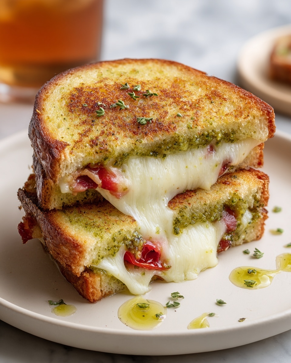 A toasted sandwich cut diagonally into two halves is stacked on a white plate, showing gooey melted white cheese stretching between the layers. The sandwich bread is golden brown with a green pesto spread visible on the inside of the top slice. Small chunks of red tomatoes and bits of cooked bacon are mixed in with the cheese between the two thick slices of bread. Tiny green herb pieces and small drops of green oil are scattered on the plate around the sandwich. The photo was taken on a white marbled surface with a blurred image of a glass of iced tea in the background. Photo taken with an iphone --ar 4:5 --v 7