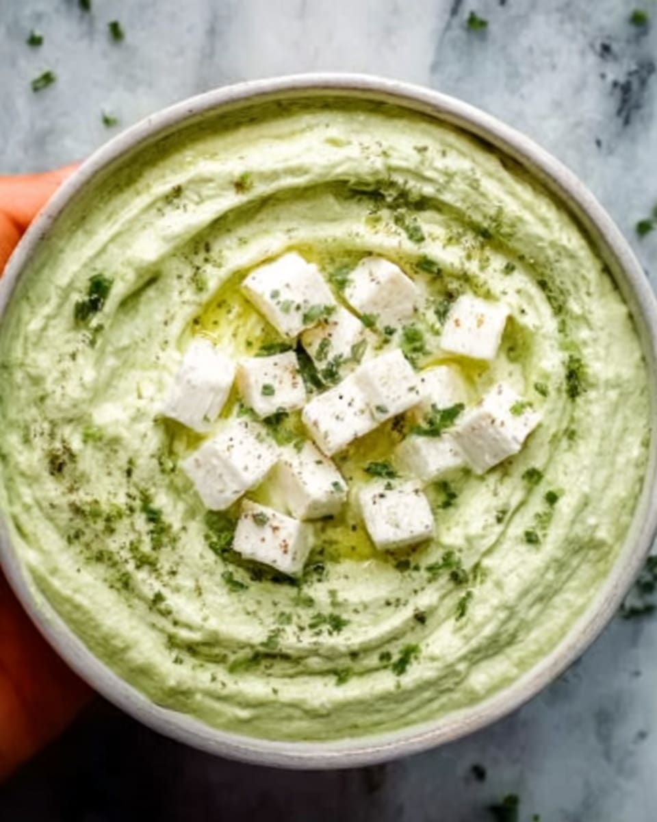 A white bowl filled with a creamy green dip with a smooth texture, swirled on top to create a spiral pattern. On top of the dip, there are small white cubes evenly scattered over the center, with green herbs sprinkled around the cubes. The bowl is placed on a white marbled surface. The overall look is fresh and inviting. photo taken with an iphone --ar 4:5 --v 7
