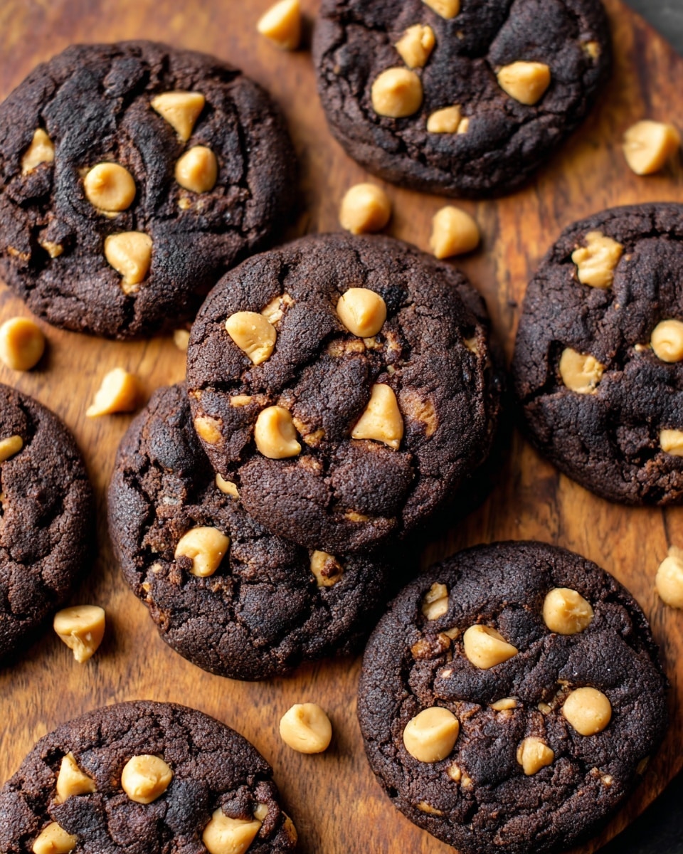 The image shows several round chocolate cookies with a dark, rich brown color and a slightly cracked texture on top. Each cookie is embedded with many light caramel-colored peanut butter chips scattered unevenly across the surface, some partly melted into the cookie. The cookies are closely arranged on a wooden board with a warm brown tone and visible grain. The cookies look soft and dense, and a few peanut butter chips are also scattered loosely on the wooden surface between the cookies. Photo taken with an iphone --ar 4:5 --v 7