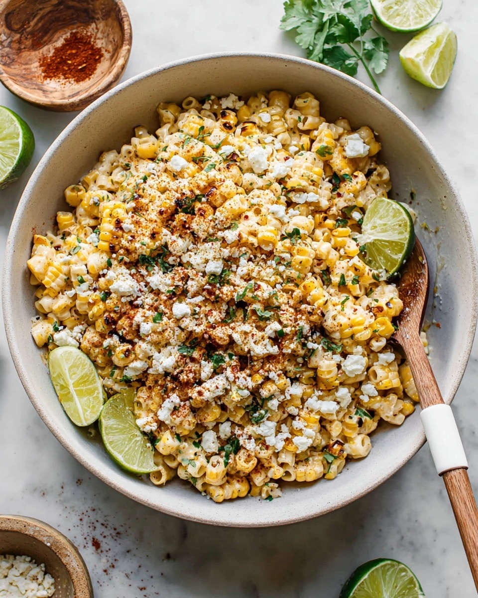 A large white bowl filled with creamy pasta mixed with grilled yellow corn pieces, topped with white crumbly cheese and sprinkled with red chili powder and green chopped herbs. There are two lime wedges placed on top near the side of the bowl. A wooden spoon with a white handle rests inside the bowl on the right side, partially covered by the pasta mix. In the background, there is a small white bowl of crumbly cheese and a white plate with lime slices, all set on a white marbled surface. photo taken with an iphone --ar 4:5 --v 7