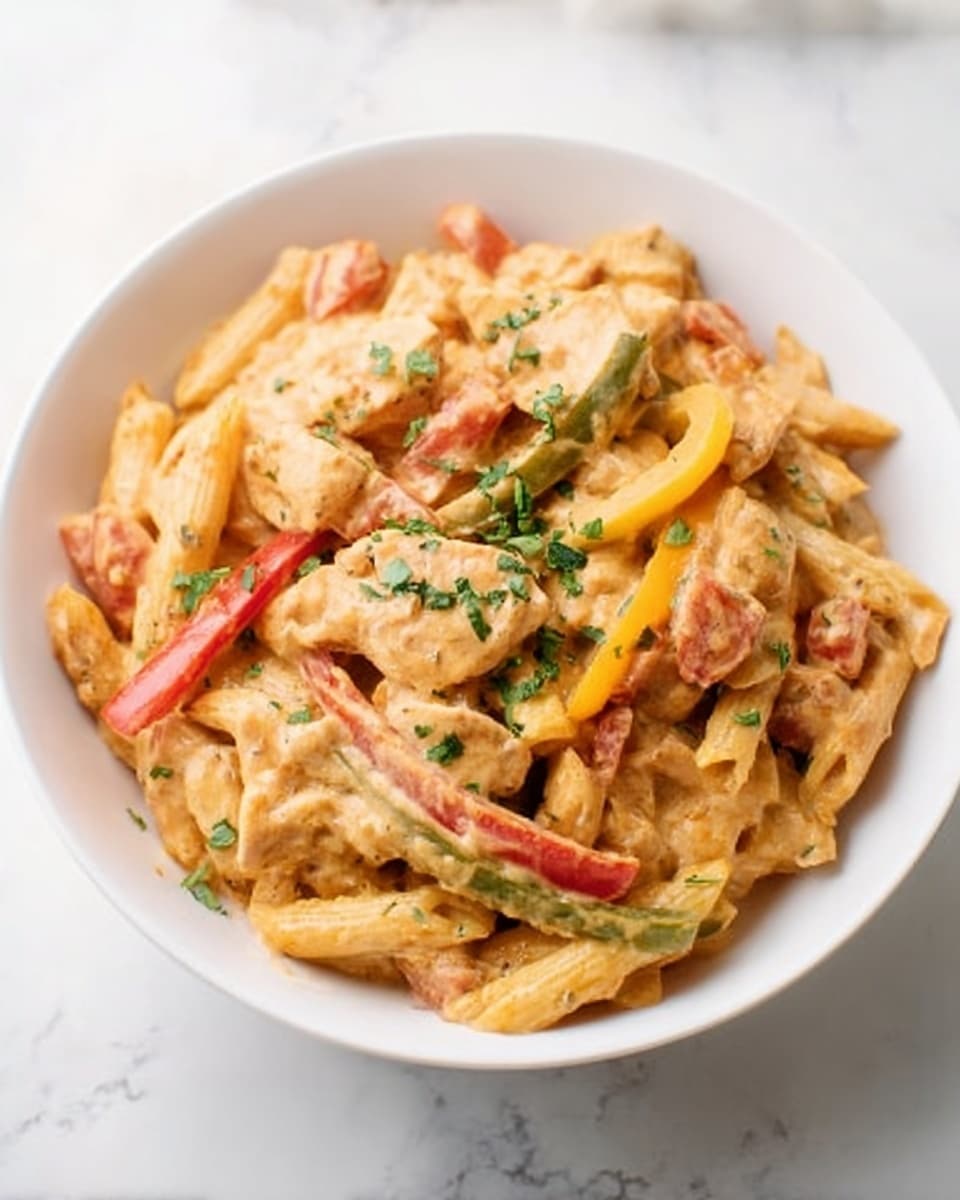 The dish shows a white bowl full of creamy pasta with chicken pieces mixed in. The pasta is penne, covered in a light orange sauce that looks smooth and thick. Bright red, yellow, and green bell pepper strips are spread over the pasta, adding color and texture. Small pieces of red tomato and green herbs are mixed in, giving a fresh look. The bowl is placed on a white marbled surface, and the whole dish looks warm and inviting. photo taken with an iphone --ar 4:5 --v 7