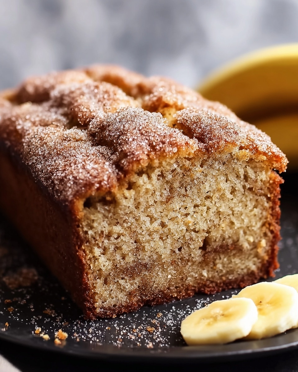 A close-up image of a loaf of banana bread on a black board, with one slice partially separated at the front. The banana bread has one main layer, showing a moist, light brown inside with visible small darker specks and a darker golden-brown crust on the edges. The top of the bread is textured with craggy ridges dusted lightly with granulated sugar, creating a sparkling effect. In the foreground, slightly out of focus, there are pieces of banana, and in the background, two ripe yellow bananas rest against a bowl of dark dipping sauce. The surface beneath is a white marbled texture. Photo taken with an iphone --ar 4:5 --v 7