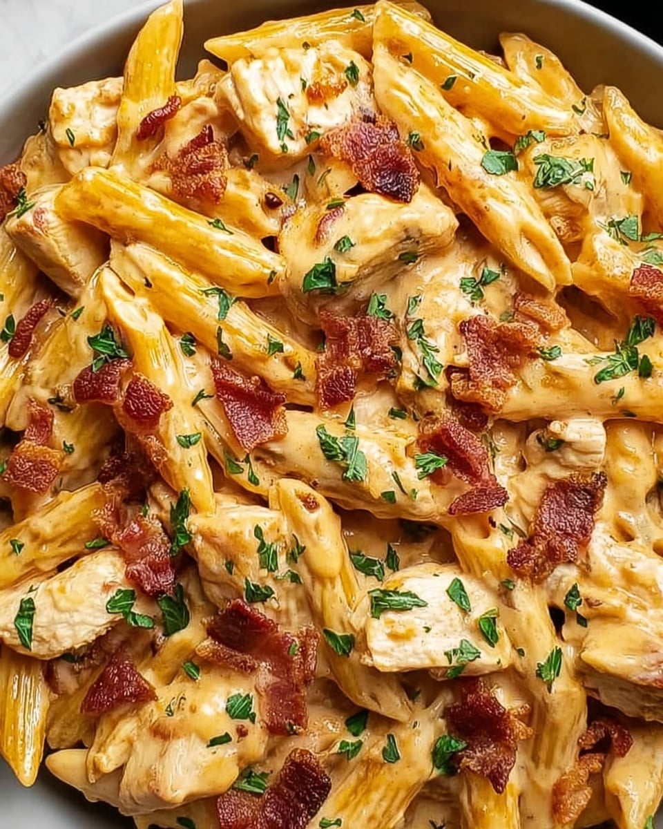 This close-up image shows creamy penne pasta coated in a smooth, light orange cheese sauce. There are thick, white pieces of cooked chicken mixed throughout, along with small, crispy strips of reddish-brown bacon sprinkled on top. Bright green parsley flakes are scattered evenly over the dish, adding a fresh touch of color. The pasta shapes and meat pieces are closely packed together, giving a rich, hearty appearance. The photo is set against a white marbled texture. photo taken with an iphone --ar 4:5 --v 7