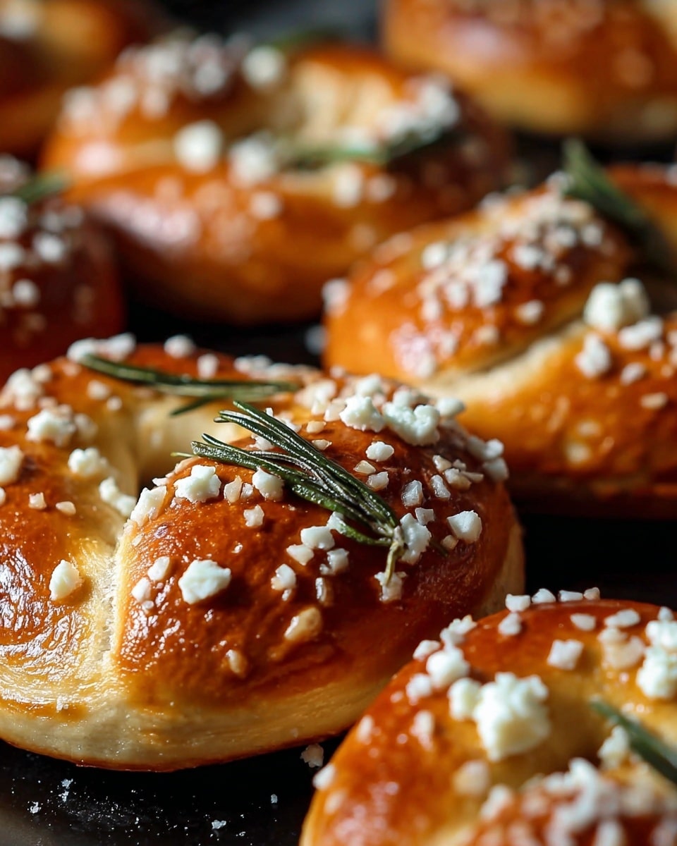 The image shows several soft pretzels with a golden-brown crust sprinkled with coarse white salt crystals and small pieces of white cheese. Each pretzel is twisted into a traditional knot shape and topped with a few fresh dark green rosemary leaves. The pretzels have a shiny, smooth surface with slight cracks, showing a well-baked texture. The background is a white marbled texture surface. photo taken with an iphone --ar 4:5 --v 7