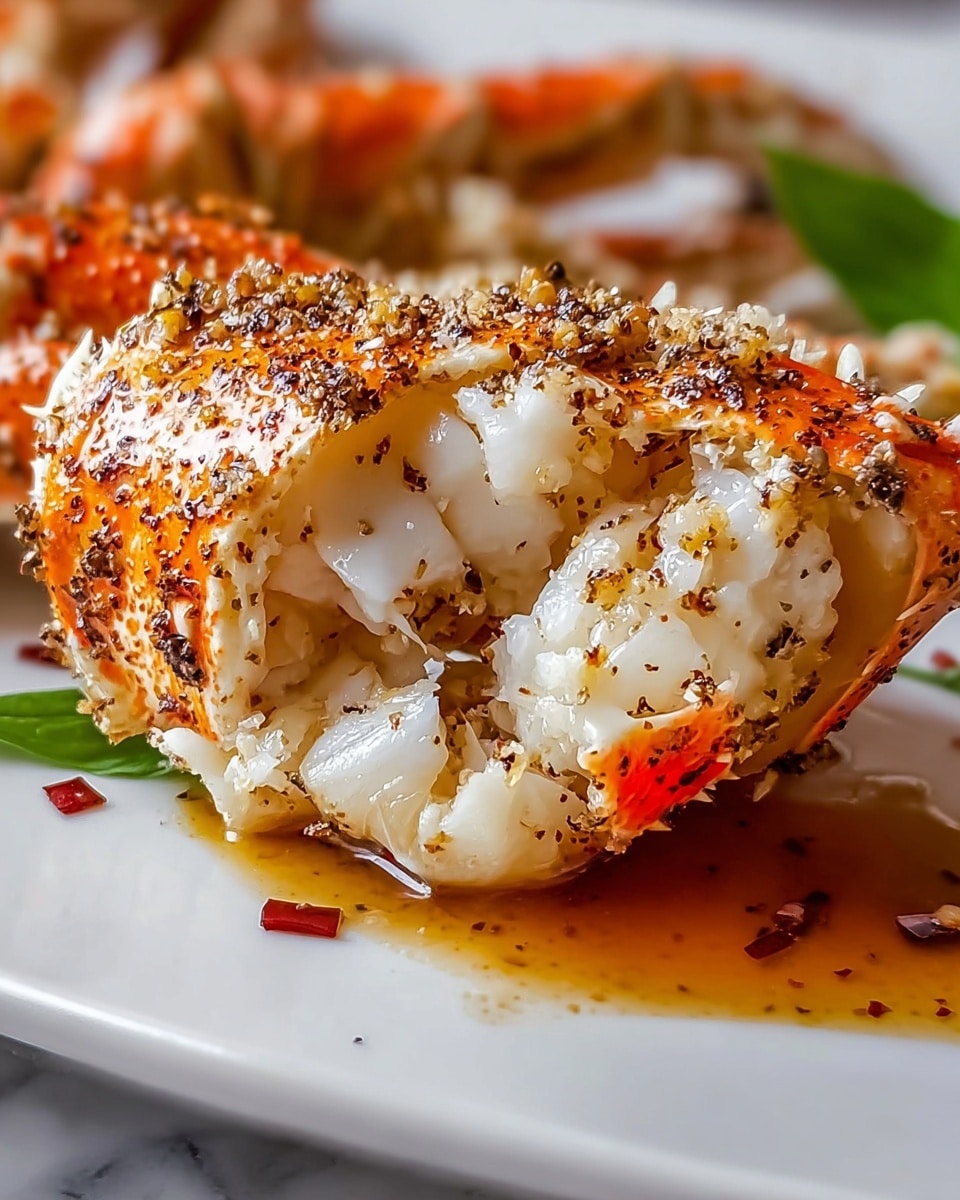 A close-up view of a piece of cooked crab leg shell with white, tender crab meat inside, lightly charred on the edges with a mix of dark and golden brown spots, seasoned with tiny red chili flakes and black pepper specks. The piece is resting on a smooth white plate with a drizzle of golden-brown sauce beneath it and a small green herb leaf on the side. The background has a white marbled texture with hints of more crab shells blurred in the distance around the main focus. Photo taken with an iphone --ar 4:5 --v 7