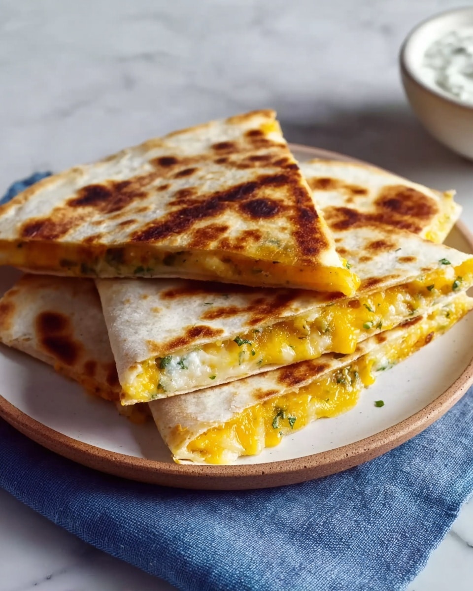 Three triangular quesadilla slices are stacked on a round white plate with a warm, golden-brown toasted look on the top layer. The quesadilla has two visible layers of soft, white tortilla with one middle layer of melted yellow cheese mixed with small bits of green herbs. The plate is set on a white marbled surface with a folded blue cloth beneath it. A small white bowl with a creamy white dip is placed near the edge of the plate. photo taken with an iphone --ar 4:5 --v 7