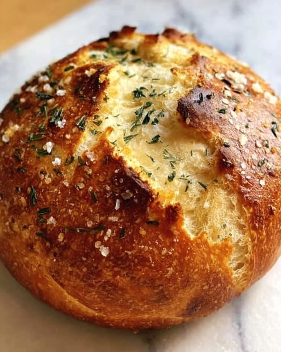 A round loaf of bread with a golden brown crust sits on a white marbled surface. The top of the bread is cracked open to show a soft, light inside. The surface is sprinkled with small green herb flakes and some coarse salt. The crust has a slightly shiny look with some darker toasted spots around the cracks. Photo taken with an iphone --ar 4:5 --v 7