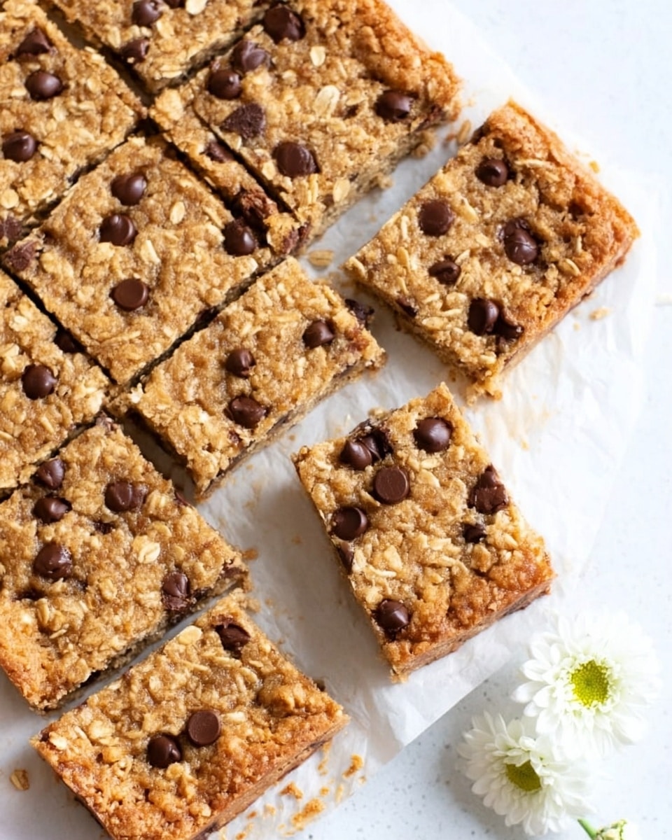 A white plate holds a set of square oat bars lightly browned on top with visible whole oats and small dark chocolate chips spread evenly across the surface; the bars are cut into neat squares, stacked slightly overlapping each other on one side, showing a soft, textured interior. The plate and bars rest on a white marbled surface with a small white flower placed nearby for decoration. Photo taken with an iphone --ar 4:5 --v 7