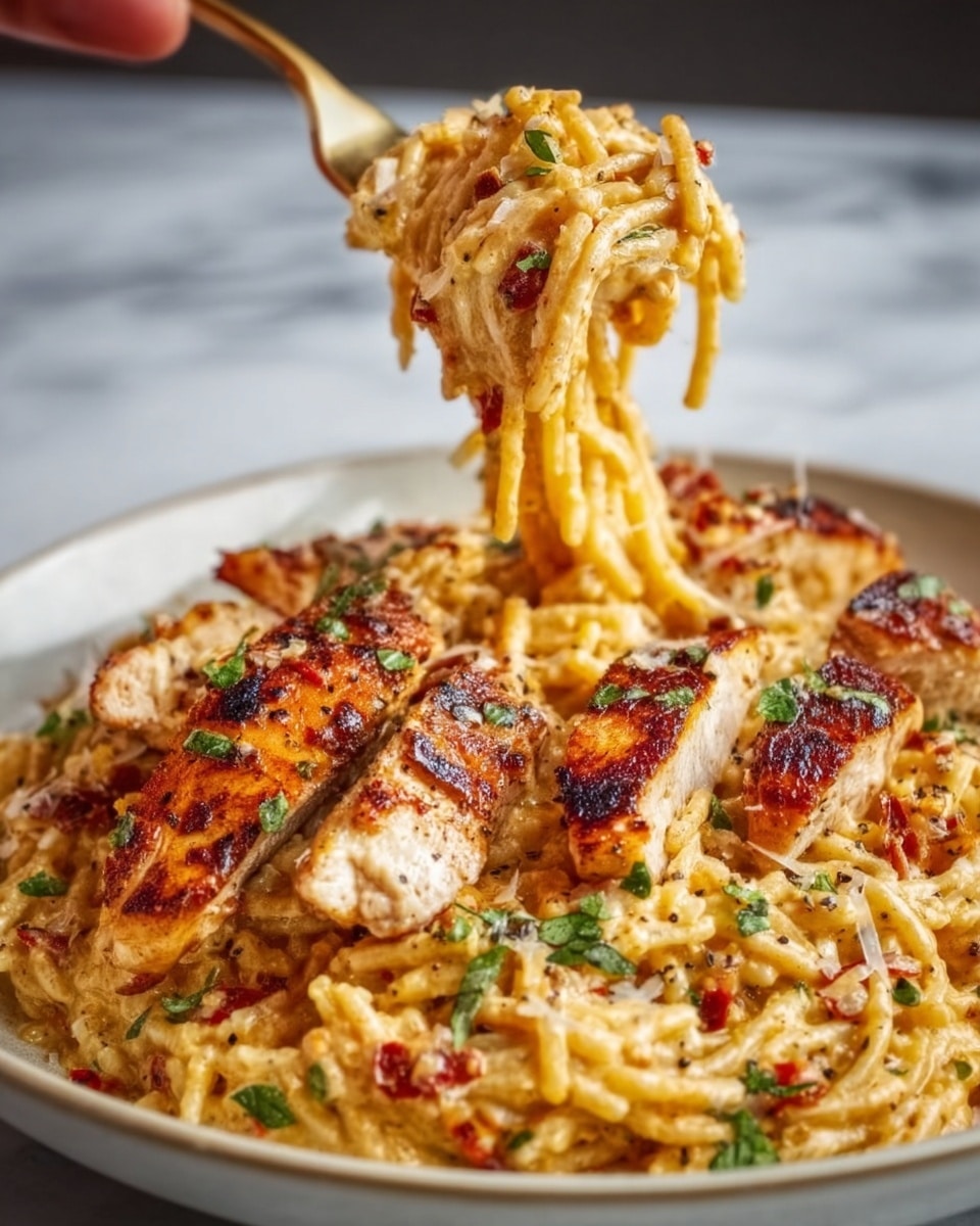 This image shows a close-up of a creamy pasta dish in a white bowl. The pasta is coated in a rich, orange sauce with a smooth, slightly glossy texture. On top, there are several large, golden-brown grilled chicken pieces with black grill marks, adding a crispy look. Small green herbs are sprinkled over the entire dish, giving a fresh touch. The woman’s hand is lifting a forkful of pasta and chicken, stretching the creamy sauce. The background and surface are white marbled texture. photo taken with an iphone --ar 4:5 --v 7