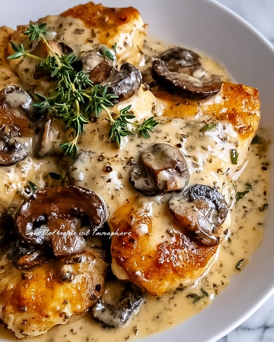 The image shows a close-up of a white plate filled with golden-brown pieces of cooked chicken on the bottom layer, covered by a thick, creamy beige sauce with visible black pepper specks. Scattered on top are sliced dark brown mushrooms cooked in the sauce, adding texture and depth to the dish. Fresh green thyme sprigs rest on the top, bringing a pop of color and freshness. The creamy sauce slightly pools around the chicken, making it look rich and smooth. The background is a white marbled surface, and the photo taken with an iphone --ar 4:5 --v 7
