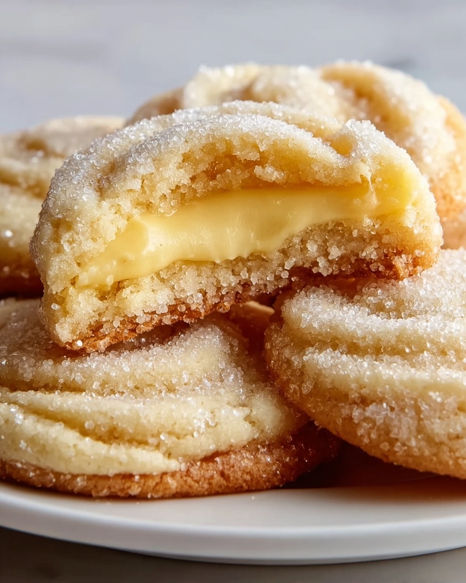 The image shows soft cookies with a sugar-coated top and a visible creamy yellow filling inside each one. Each cookie has one thick outer layer of crumbly, pale golden dough with slightly browned edges at the bottom. The creamy filling has a smooth texture and is lighter yellow than the dough, swirling gently within the cookie’s center. The top layer is sprinkled with coarse white sugar crystals that give a rough texture, contrasting with the soft dough. The cookies are stacked on a white plate, placed on a white marbled surface. Photo taken with an iphone --ar 4:5 --v 7