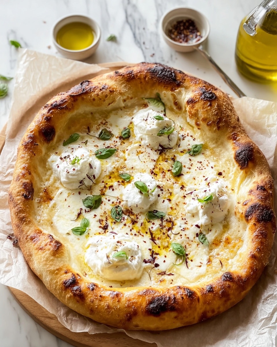 A close-up view of a white pizza with a lightly charred, golden-brown crust that is thick and puffy around the edges. The pizza has a creamy white cheese base topped with dollops of smooth white ricotta cheese spread evenly, small green basil leaves scattered across, and a sprinkling of black pepper. The pizza is placed on parchment paper on top of a wooden board. Nearby, there is a small clear jar of oil and another small clear jar with a dark sauce. The photo is taken with a white marbled texture underneath. Photo taken with an iphone --ar 4:5 --v 7