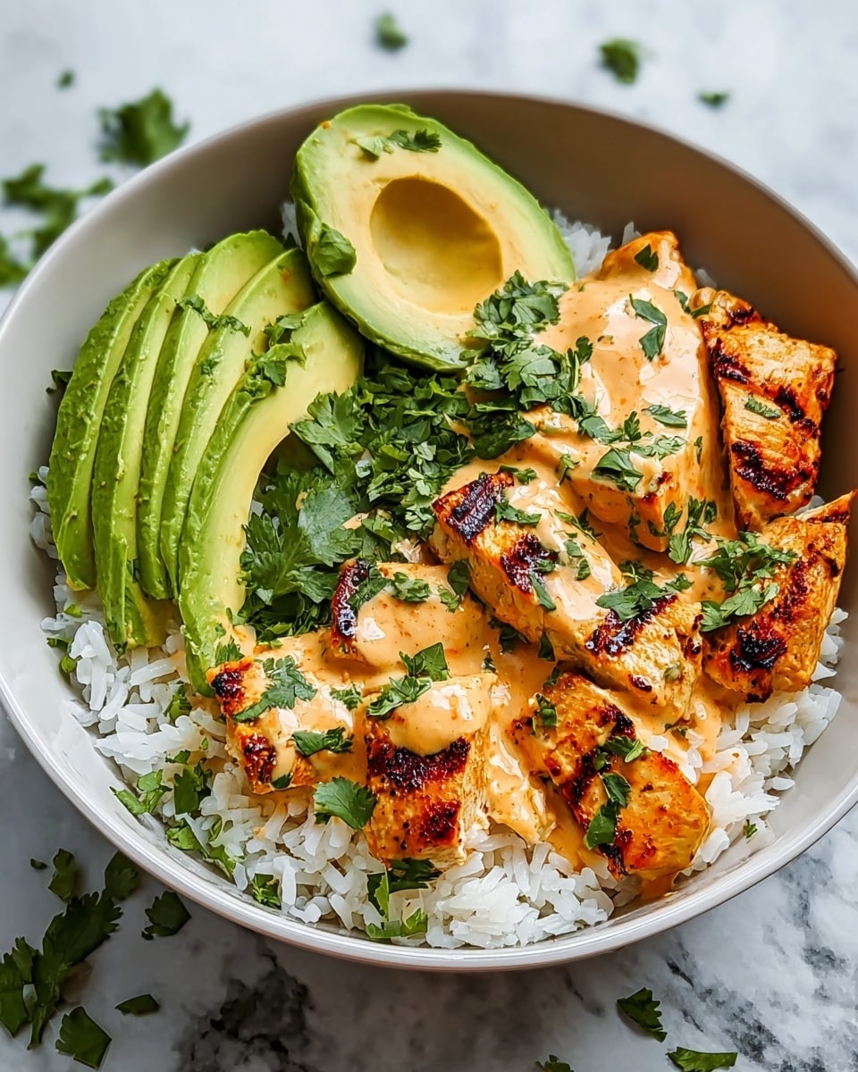 A white bowl holds a layered dish starting with a base of fluffy white rice at the bottom, topped with grilled chicken pieces that show golden-brown grill marks and are covered with a creamy, light orange sauce. On one side of the bowl, there are several slices of fresh green avocado, both cut into wedges and one half with the pit socket visible. Bright green chopped cilantro is sprinkled over the chicken and avocado for a fresh touch. The bowl sits on a white marbled surface. Photo taken with an iphone --ar 4:5 --v 7